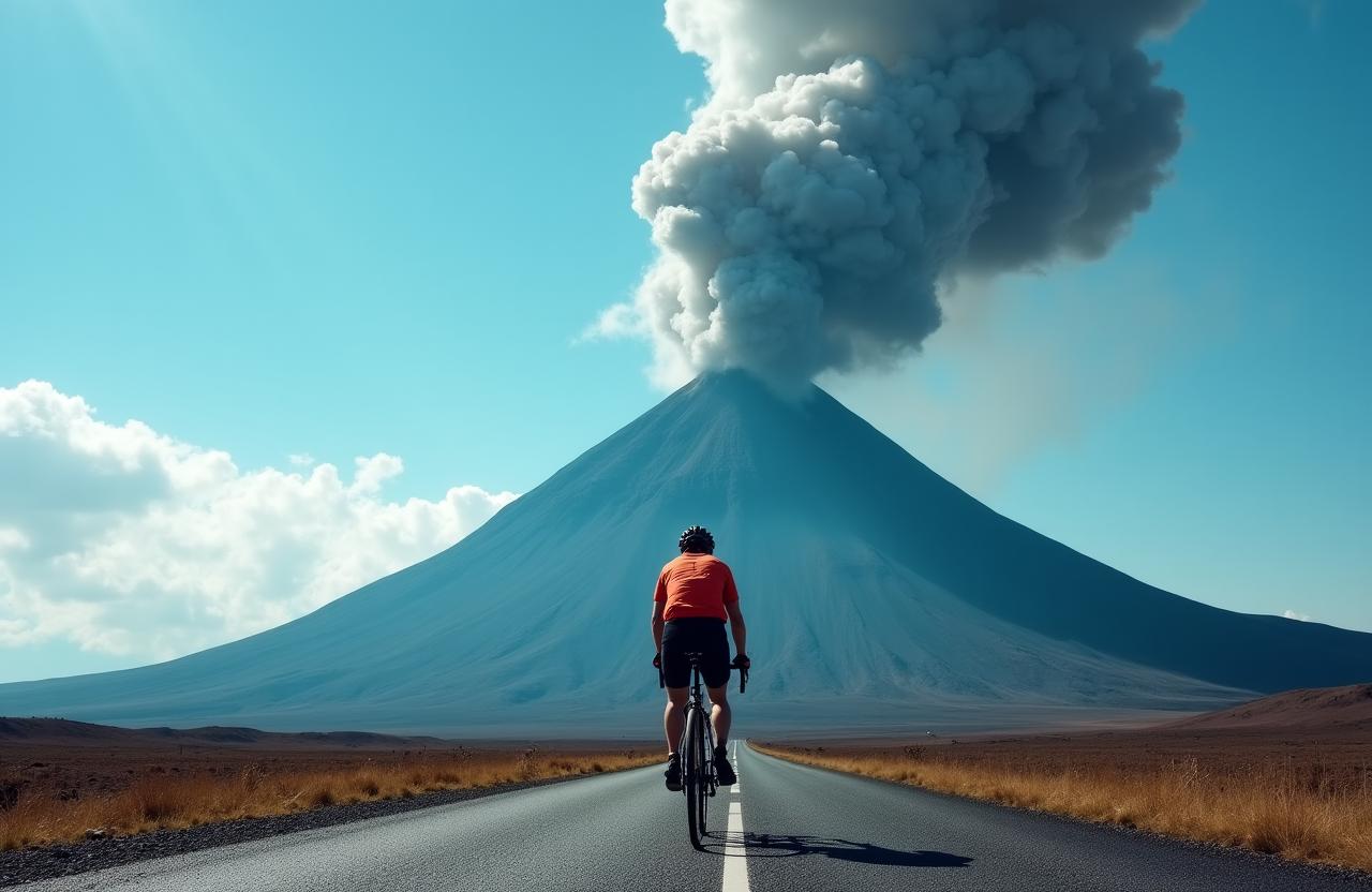 日本の象徴的な火山の麓を走るサイクリスト