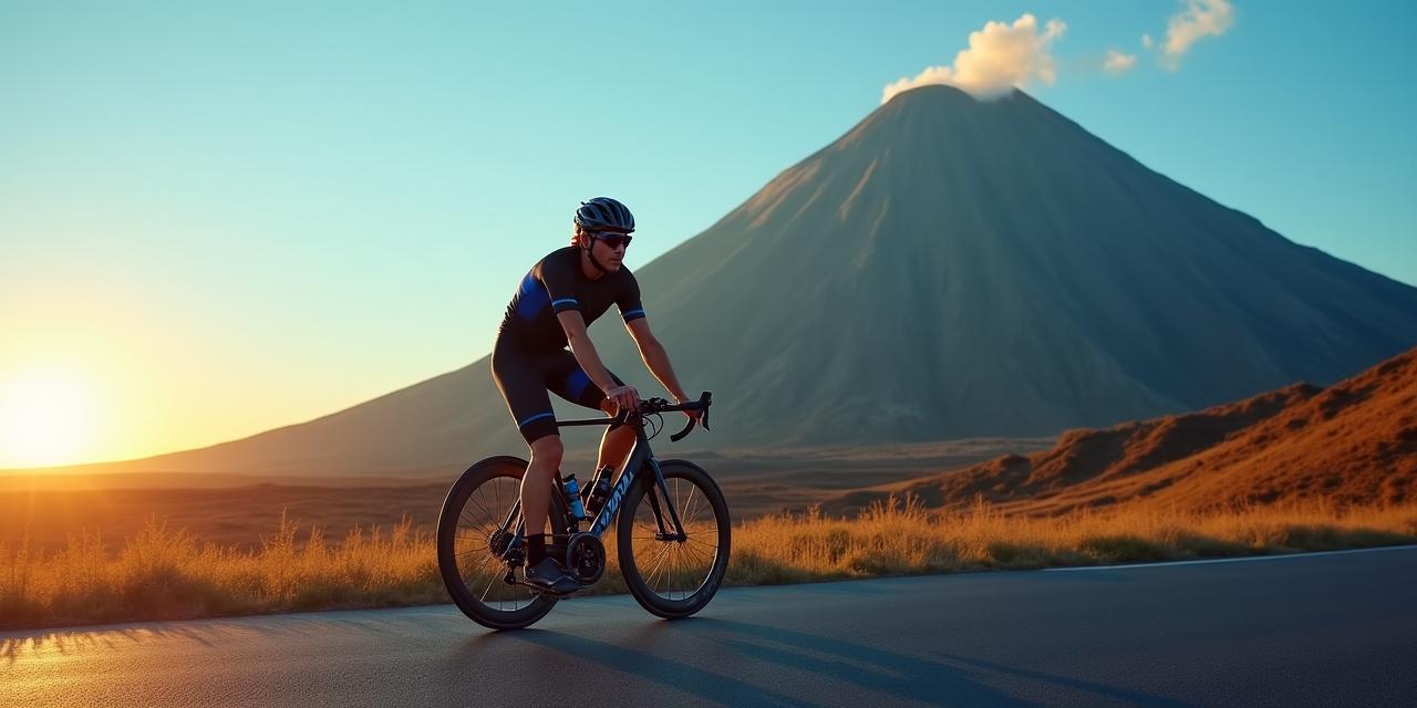火山を背景に走るサイクリスト